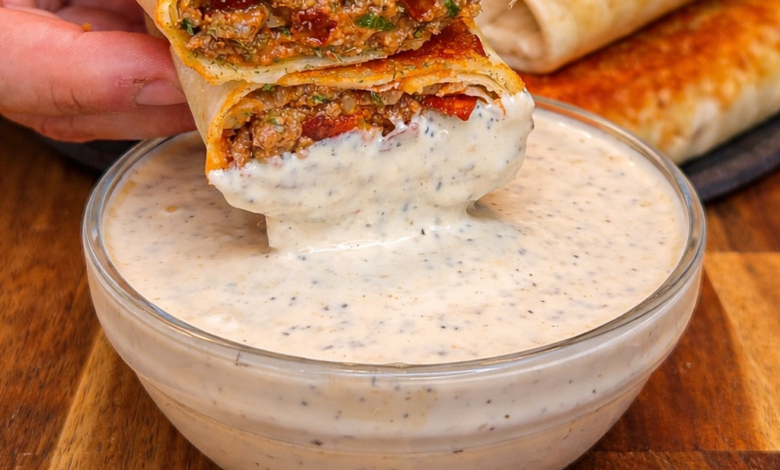 crispy high protein pizza burrito dipped in creamy sauce with cheesy filling