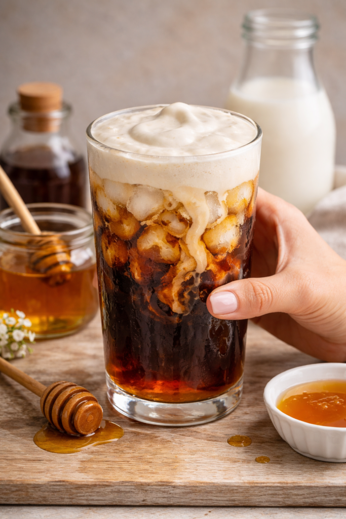 Homemade honey vanilla sweet cream cold brew iced coffee