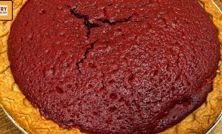 Slice of layered sweet potato pie with red velvet cake top