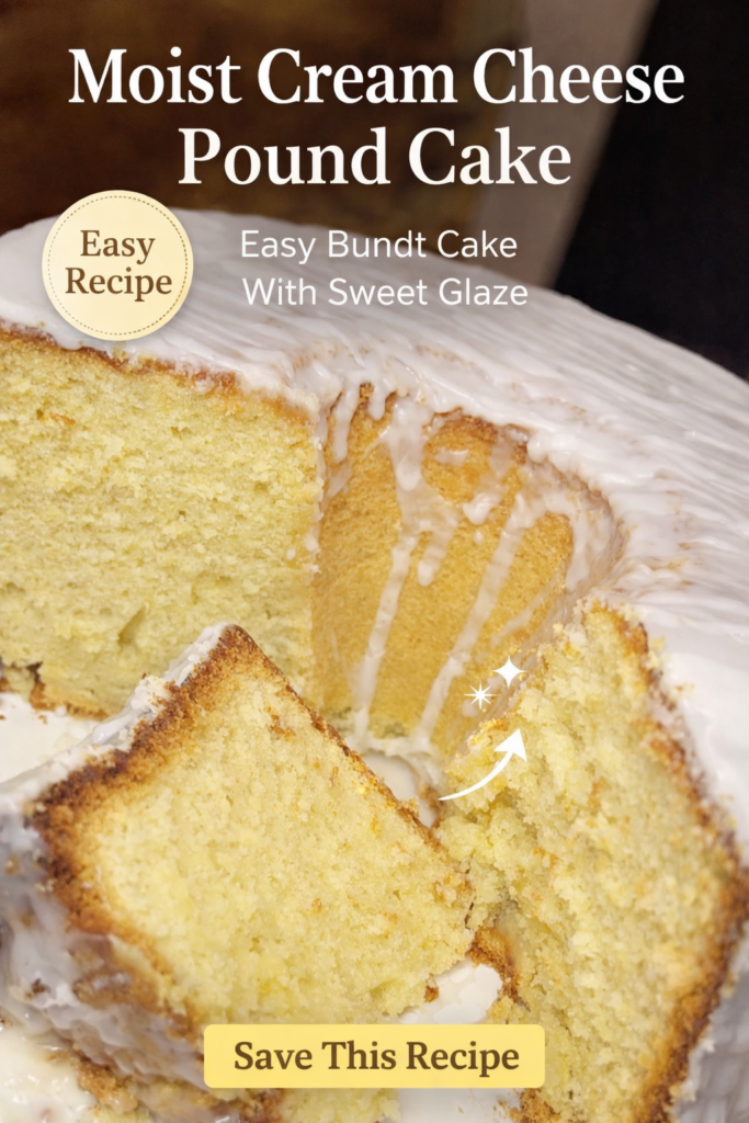 Moist lemon cream cheese pound cake with thick glaze drizzle