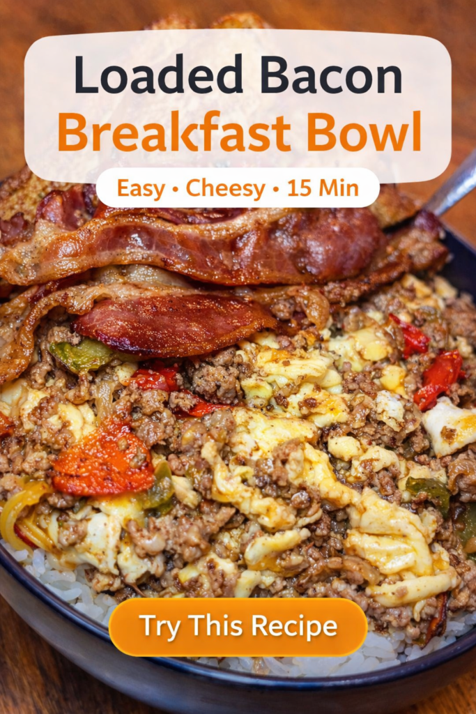 Loaded bacon breakfast bowl with eggs, ground beef, cheese, peppers, and rice topped with crispy bacon and toast