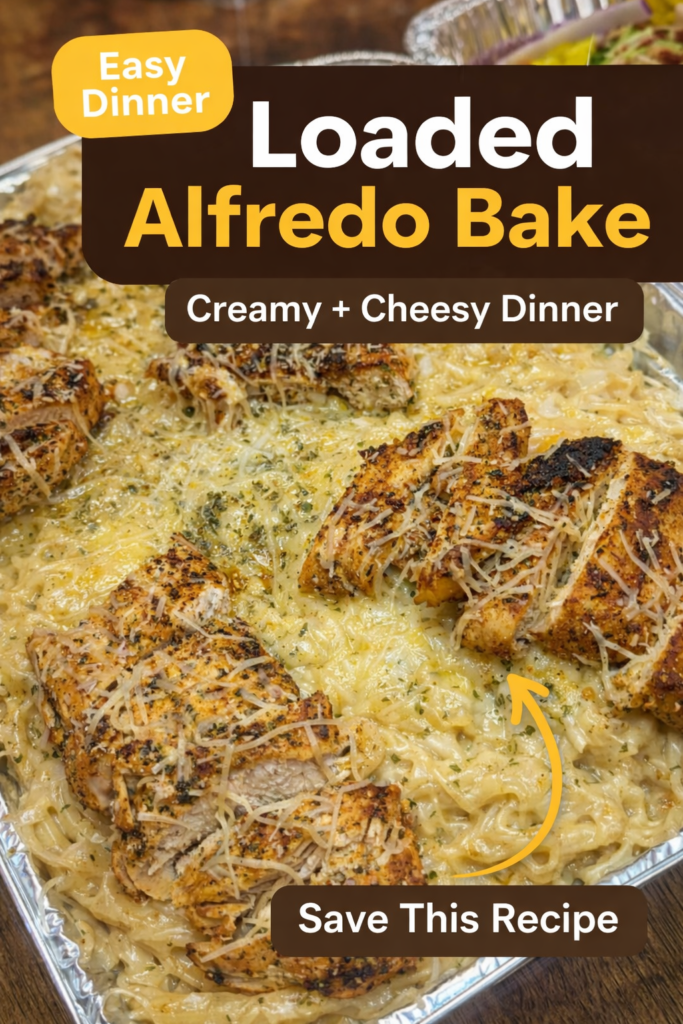 Loaded chicken alfredo bake with sliced seasoned chicken and melted cheese