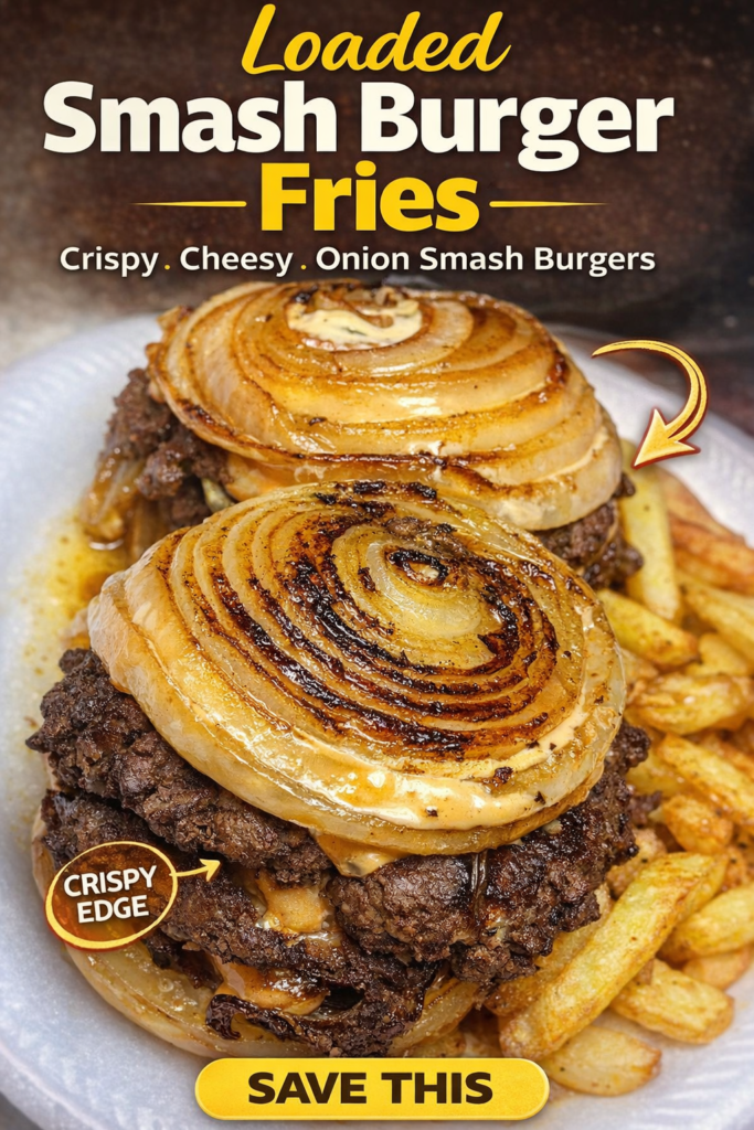 Loaded smash burger fries topped with caramelized onion smash burgers and creamy sauce