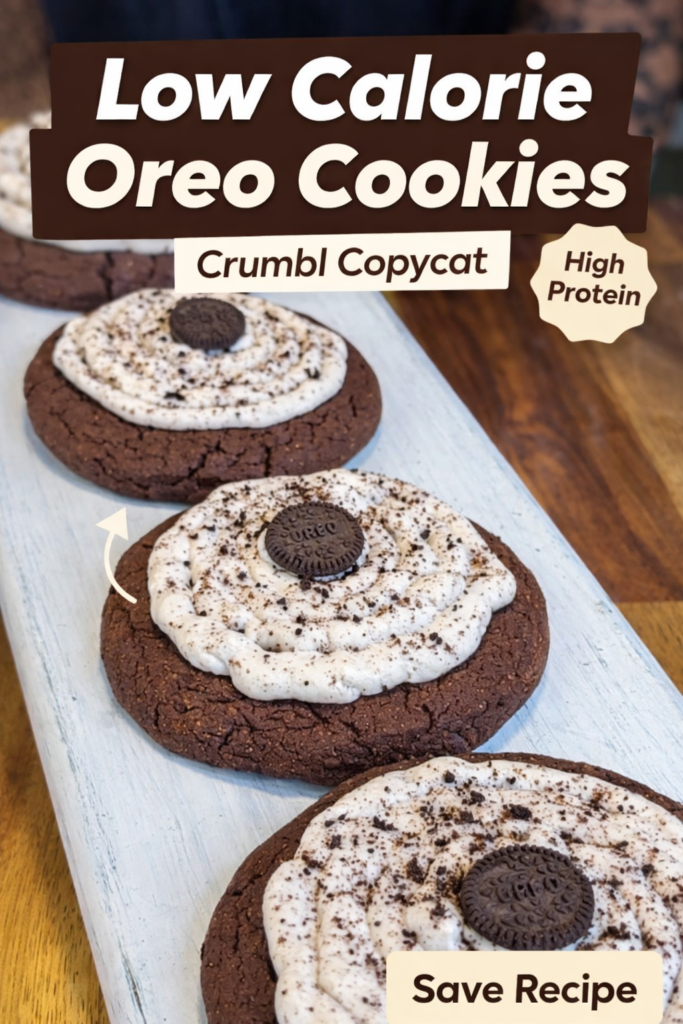 Low calorie high protein Oreo cookies with creamy frosting swirl and mini Oreo topping