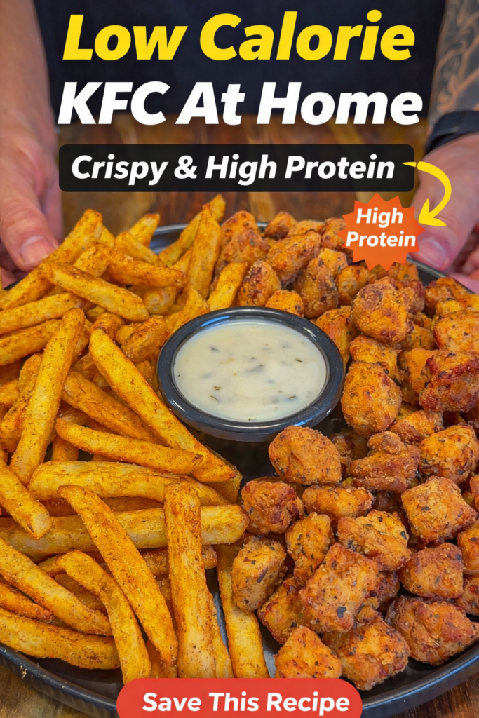 Low calorie popcorn chicken and seasoned fries with ranch dip