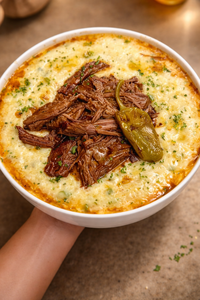 Mississippi pot roast served over creamy cheesy grits with pepperoncini on top