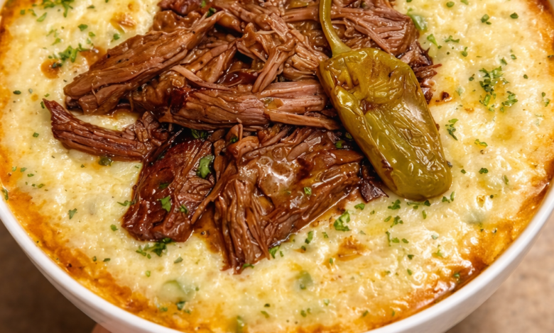 Mississippi pot roast served over creamy cheesy grits with pepperoncini on top