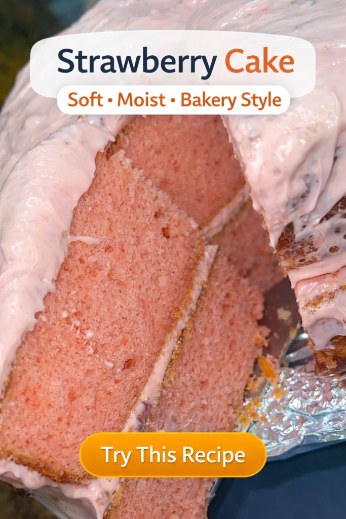 Moist strawberry layer cake with creamy pink frosting and soft fluffy texture inside