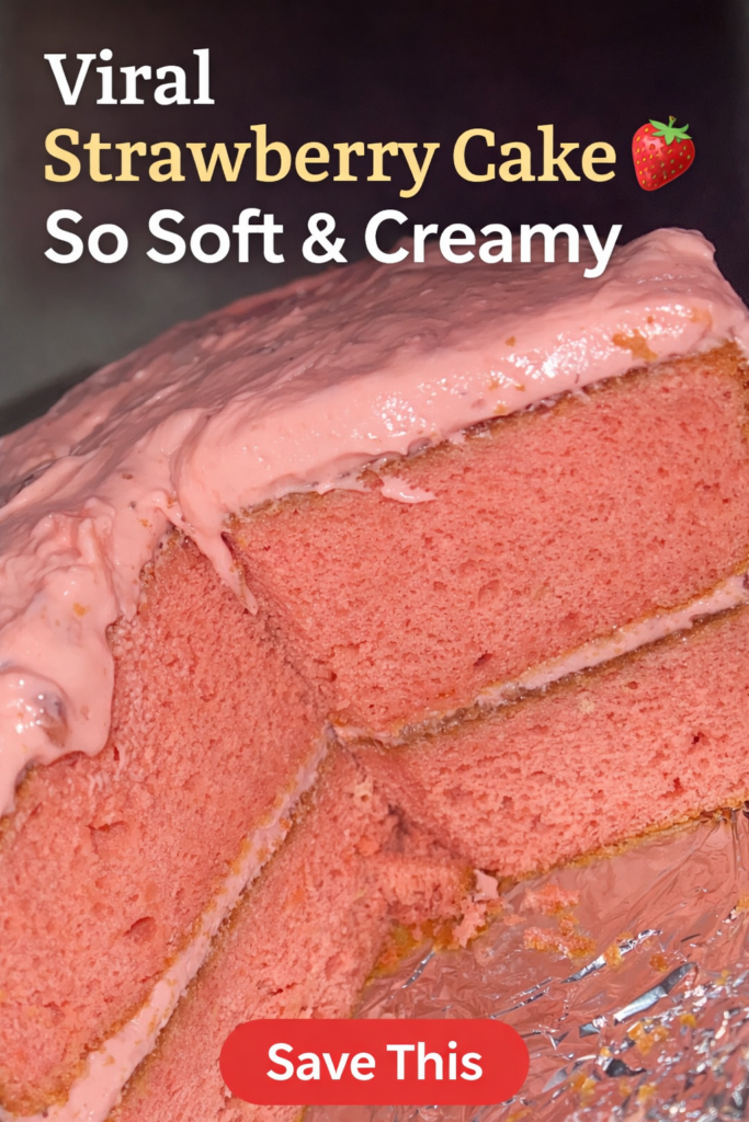 Moist strawberry cheesecake cake with pink frosting and soft layers