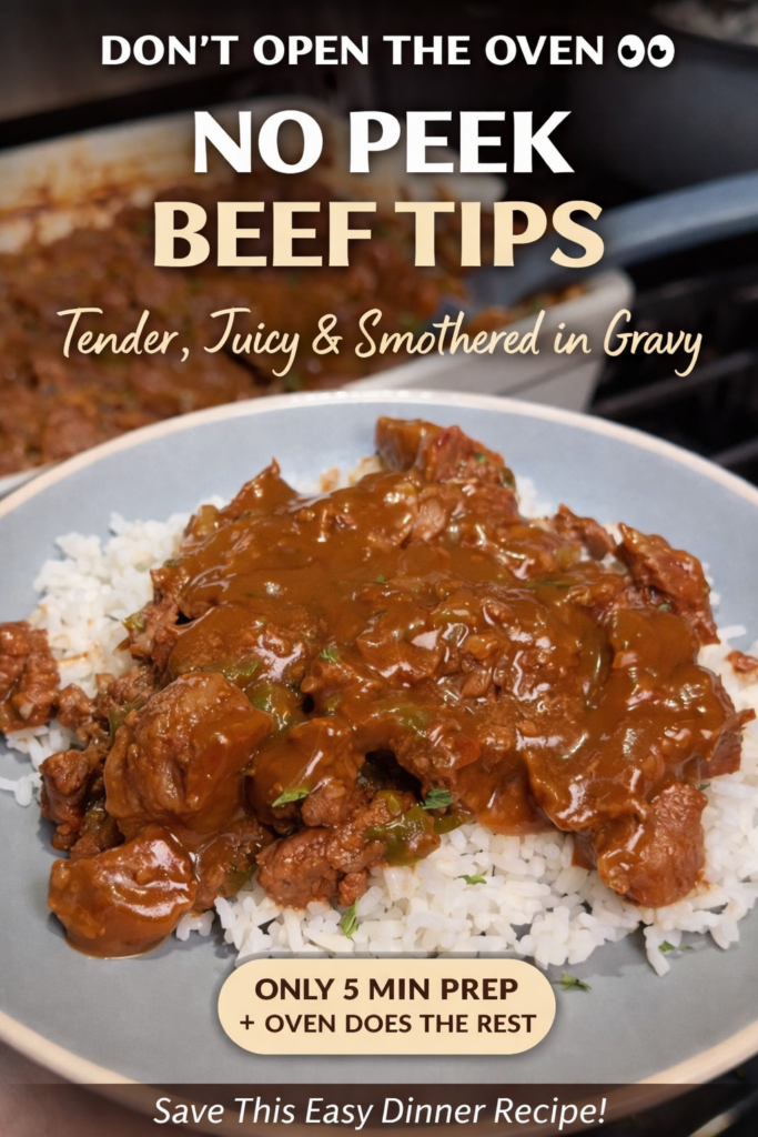 Tender no peek beef tips served over rice with rich onion gravy baked in the oven
