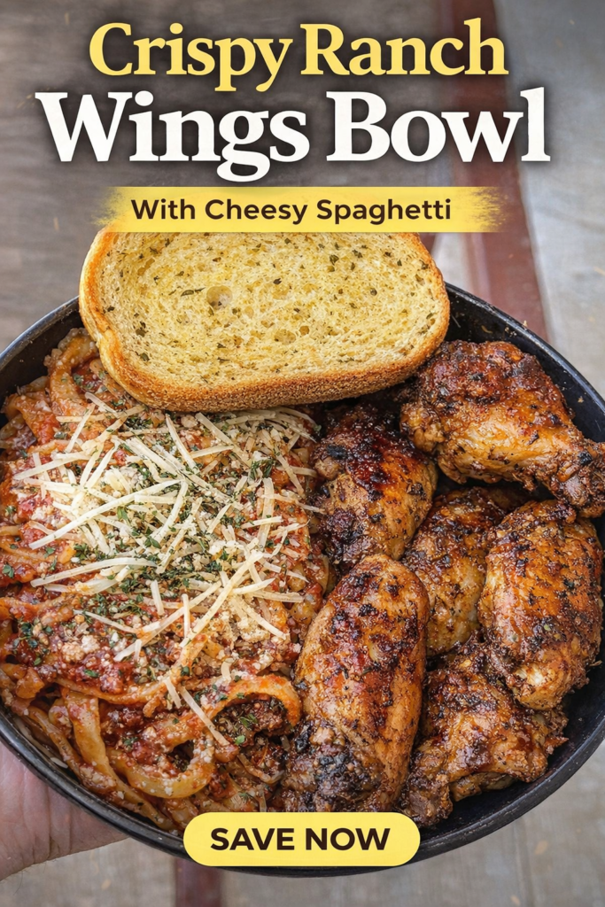 Crispy buttermilk ranch wings served with spaghetti and garlic bread in a bowl
