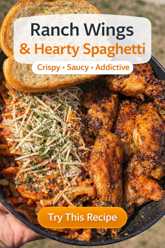 Bowl with cheesy spaghetti topped with parmesan, crispy ranch chicken wings, and garlic toast