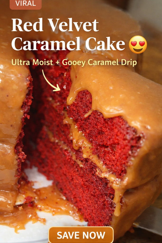 Moist red velvet cake slice with thick caramel frosting dripping over the top
