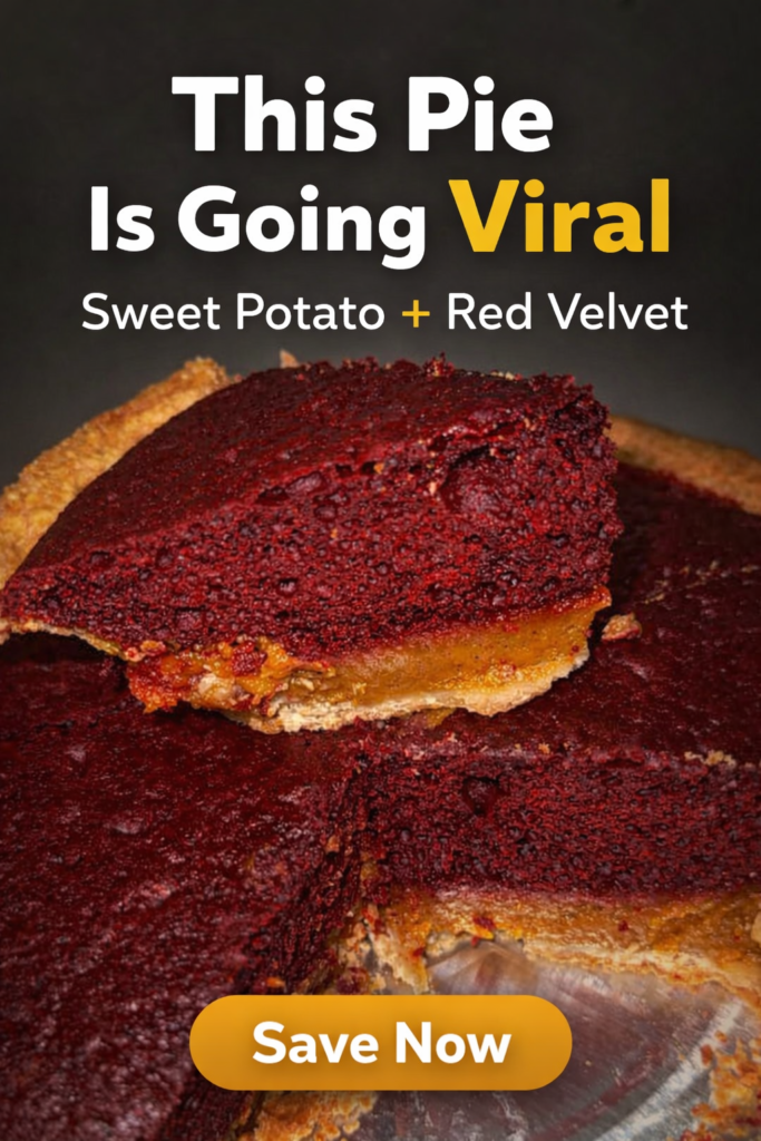 Red velvet sweet potato pie with layered cake topping and flaky crust