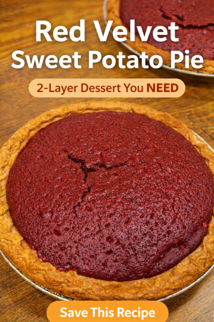 Red velvet sweet potato pie with a golden crust and rich layered dessert filling