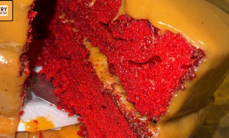 Slice of salted caramel red velvet cake with caramel drip