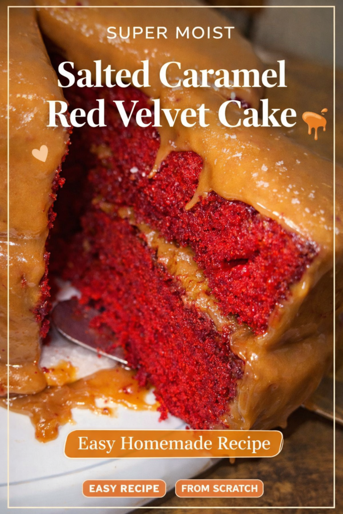 Slice of salted caramel red velvet cake with caramel drip