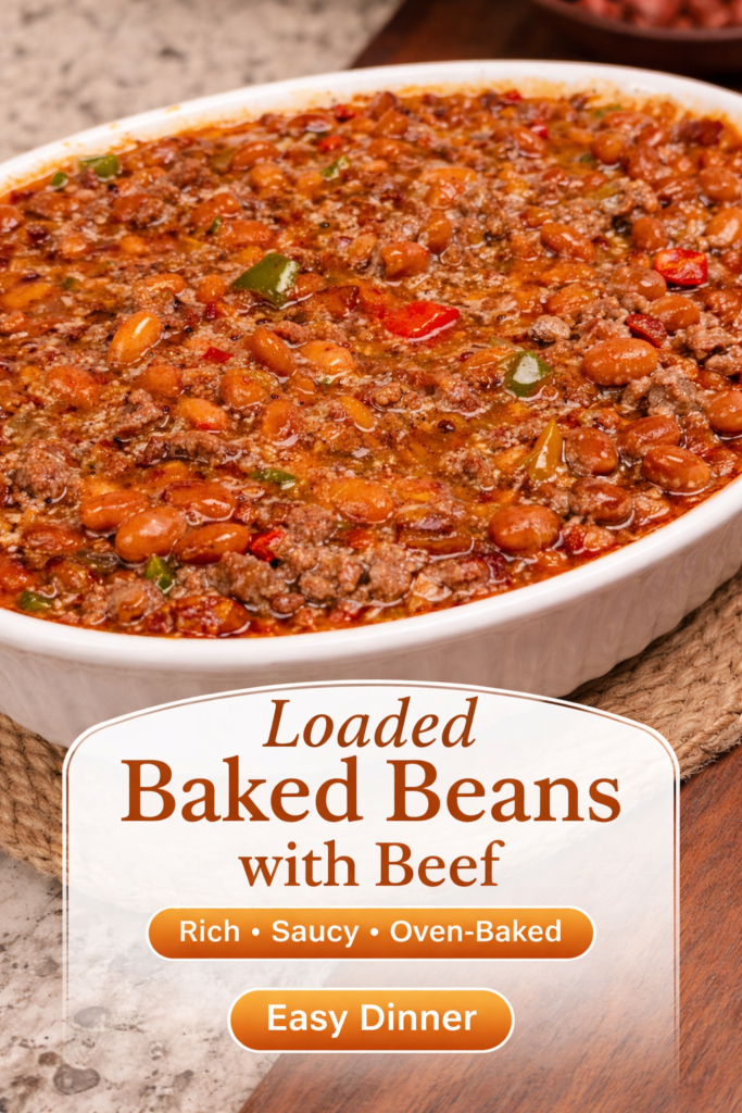 Close-up of saucy baked beans with minced beef and peppers oven recipe