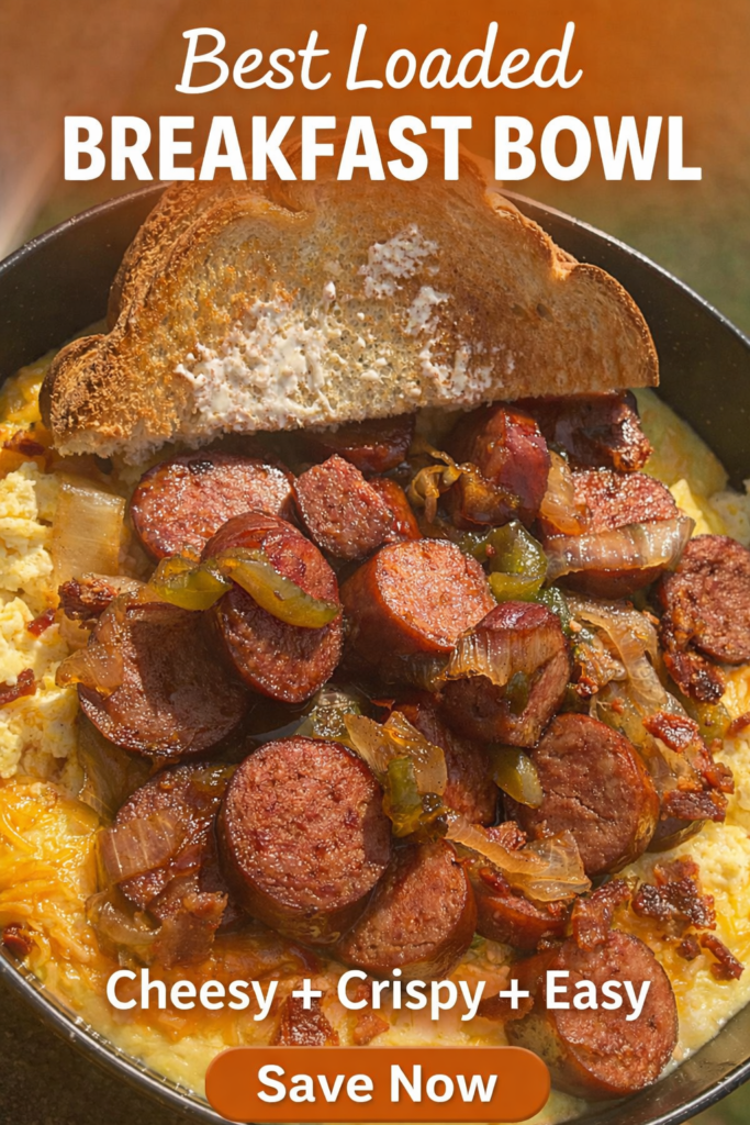 cheesy scrambled eggs with sausage peppers and toast in bowl