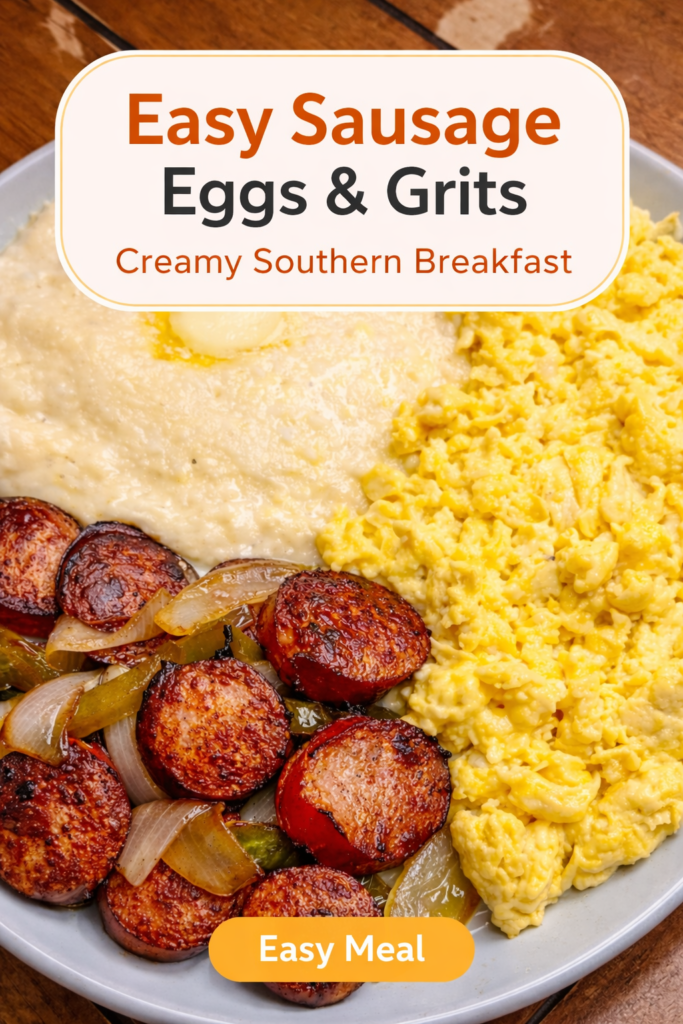 Creamy grits with butter served alongside scrambled eggs and sautéed sausage with peppers and onions