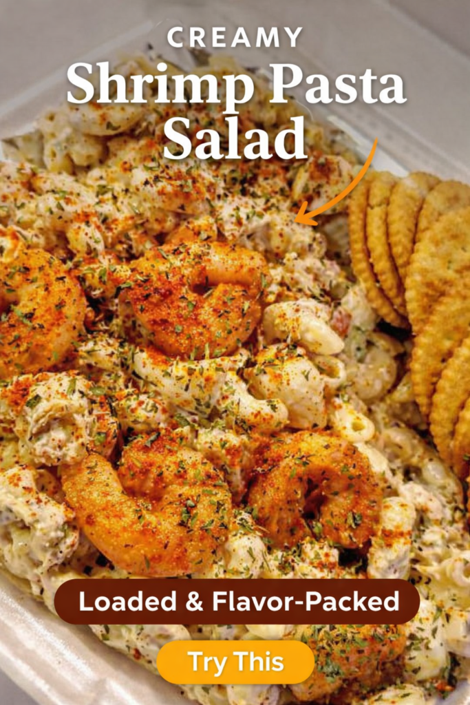 creamy shrimp alfredo pasta salad with crab and paprika topping