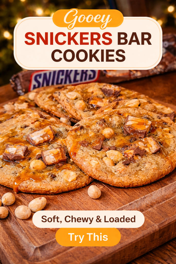 Soft chewy Snickers cookies loaded with caramel drizzle, chocolate pieces, and crunchy peanuts