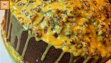 Moist southern sweet potato bundt cake topped with caramel pecan glaze