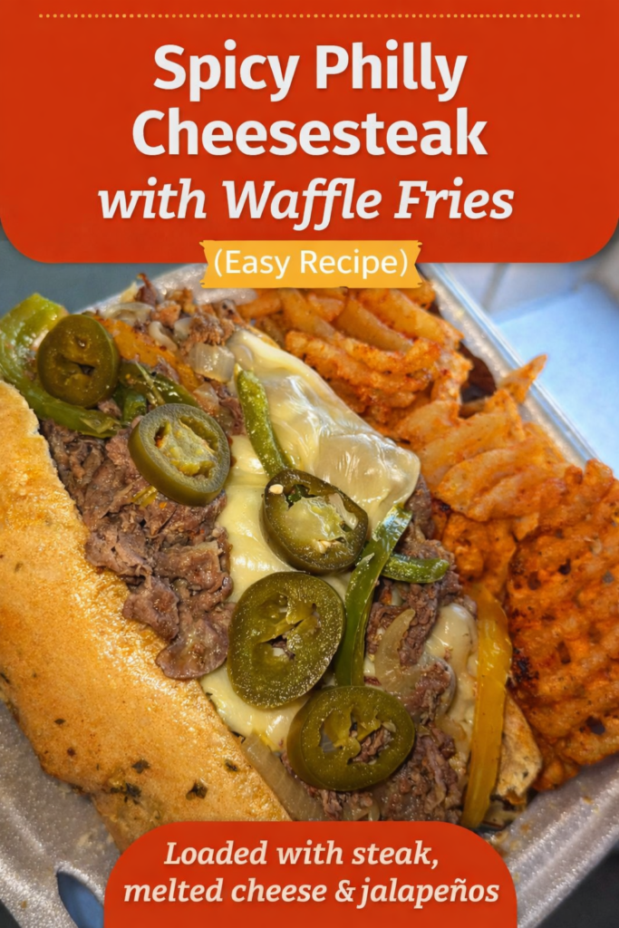 Spicy Philly cheesesteak sandwich with melted cheese jalapenos and seasoned waffle fries
