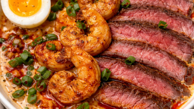 Spicy steak and shrimp bowl with soft boiled eggs and chili oil sauce