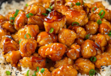 Sticky glazed chicken rice bowl with green onions and sauce drizzle