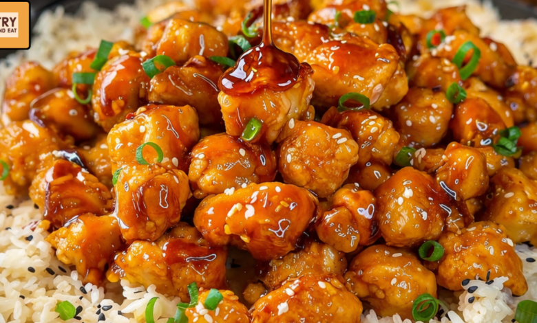 Sticky glazed chicken rice bowl with green onions and sauce drizzle