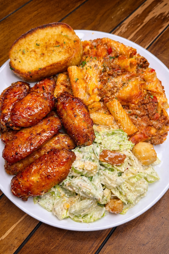 Sticky honey garlic chicken wings served with cheesy baked ziti, garlic bread, and creamy salad