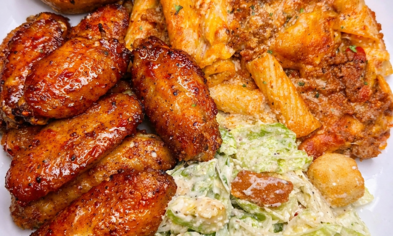 Sticky honey garlic chicken wings served with cheesy baked ziti, garlic bread, and creamy salad