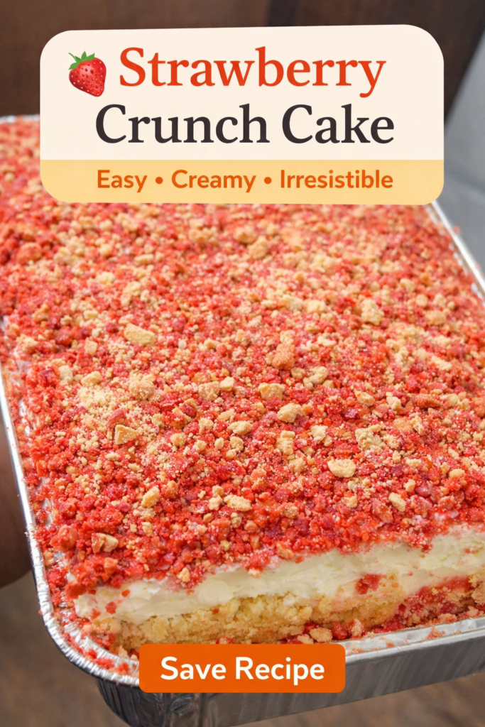 Strawberry crunch cake with creamy filling and crispy cookie topping in a baking pan