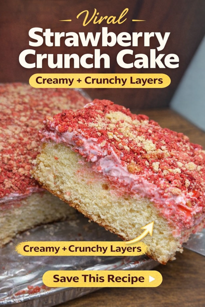 strawberry crunch poke cake with creamy filling and crunchy topping