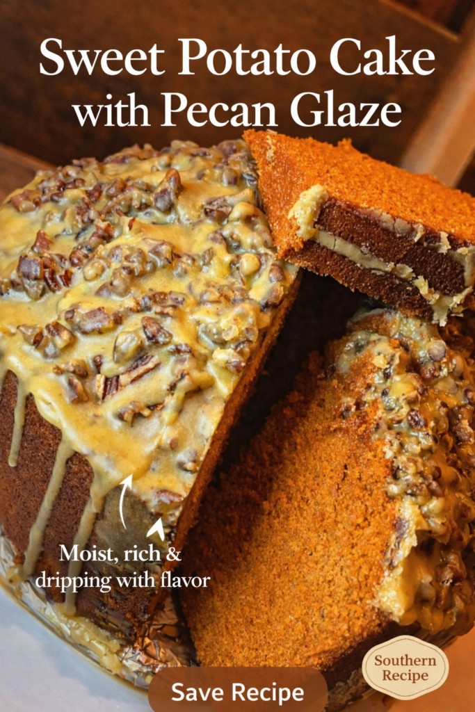 Moist sweet potato bundt cake topped with thick butter pecan glaze dripping down the sides