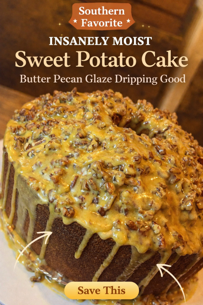 Sweet potato pound cake with thick butter pecan glaze dripping down bundt cake