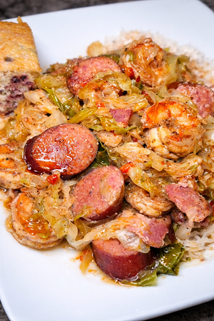 Cajun cabbage skillet with shrimp and smoked sausage in a flavorful one-pot Southern dish
