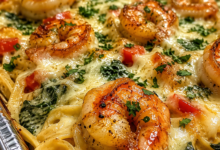 Creamy garlic Parmesan shrimp Alfredo bake with melted cheese, pasta, spinach, and seasoned shrimp in a baking dish.