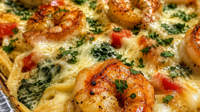 Creamy garlic Parmesan shrimp Alfredo bake with melted cheese, pasta, spinach, and seasoned shrimp in a baking dish.