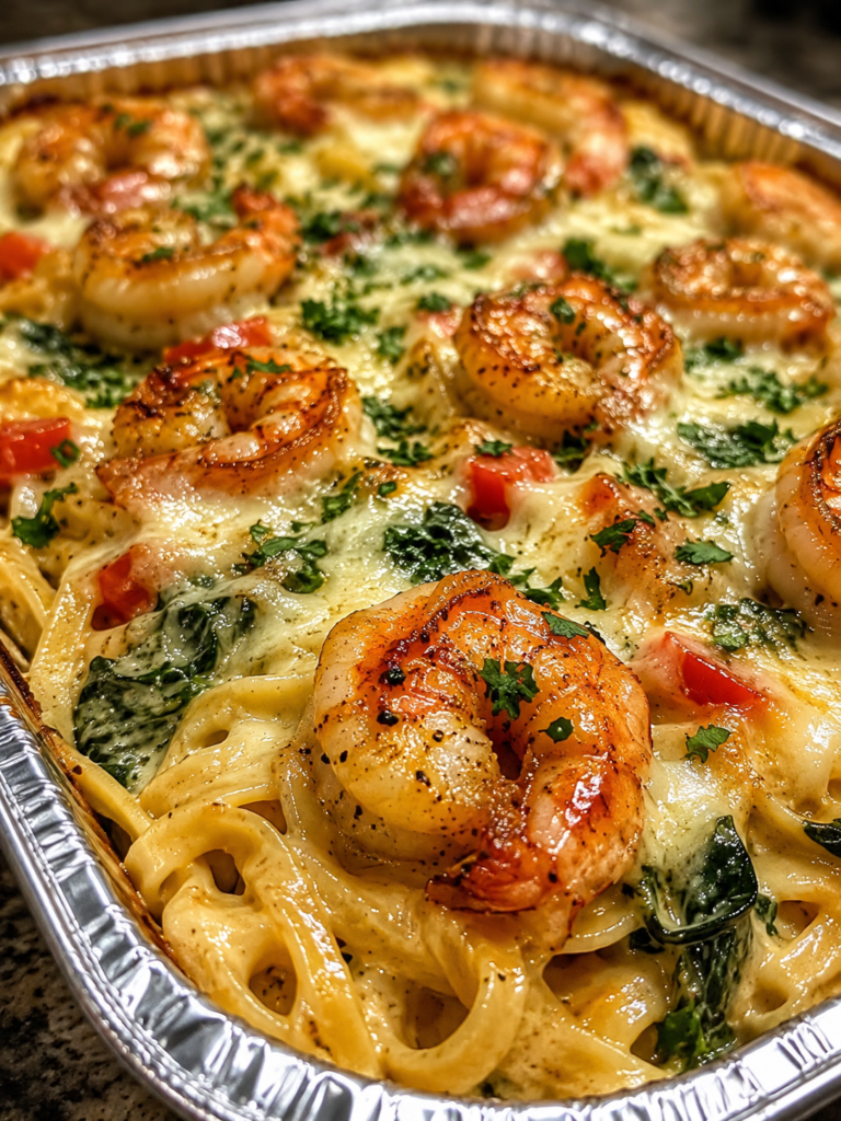 Creamy garlic Parmesan shrimp Alfredo bake with melted cheese, pasta, spinach, and seasoned shrimp in a baking dish.