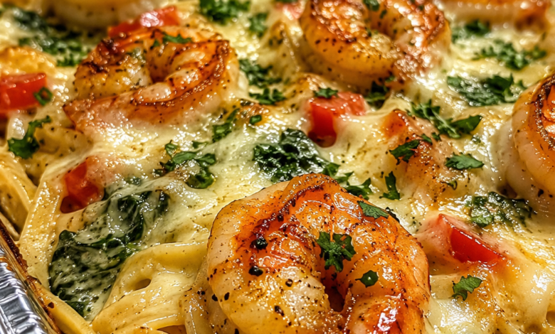 Creamy garlic Parmesan shrimp Alfredo bake with melted cheese, pasta, spinach, and seasoned shrimp in a baking dish.