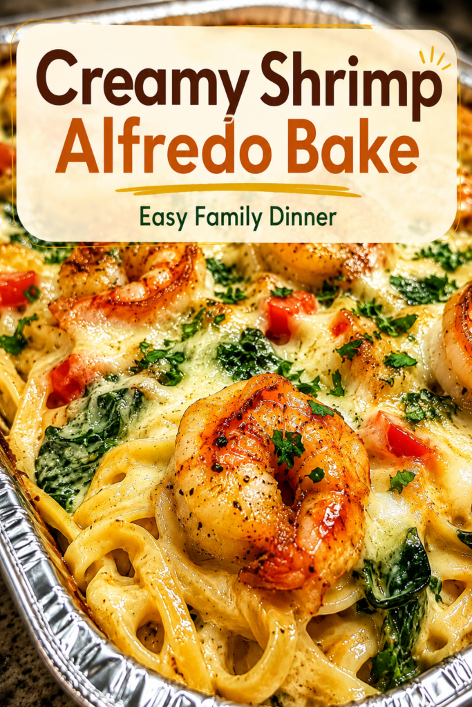 Easy baked shrimp Alfredo casserole featuring fettuccine pasta, creamy Parmesan sauce, spinach, and golden shrimp.