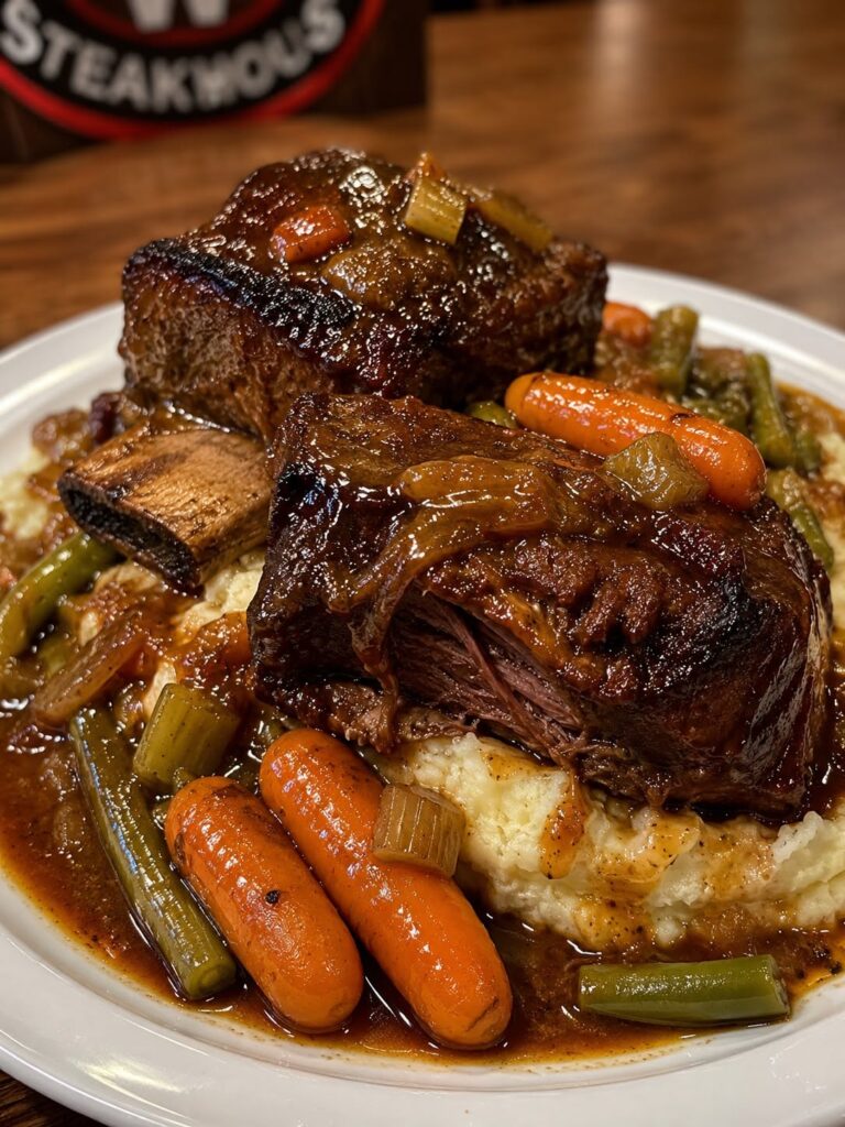 Braised beef short ribs served over creamy mashed potatoes with carrots, celery, and rich red wine gravy.