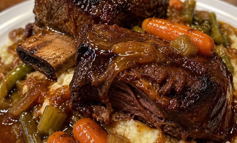 Braised beef short ribs served over creamy mashed potatoes with carrots, celery, and rich red wine gravy.