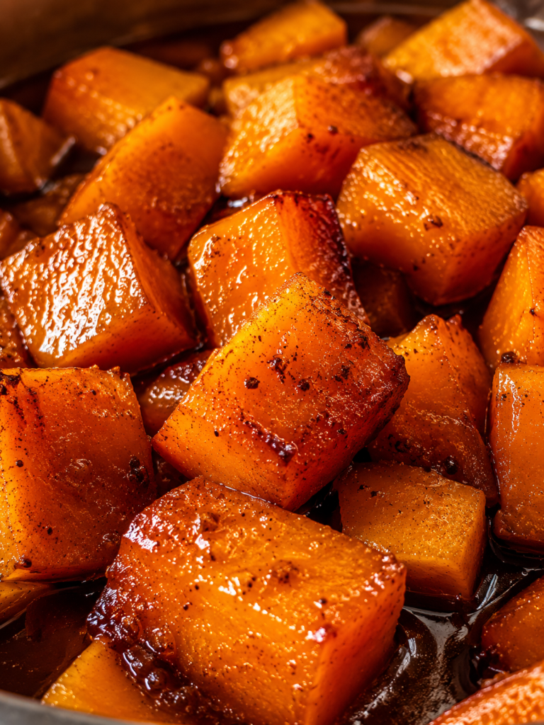 Close-up of brown sugar glazed sweet potato cubes caramelized in a buttery cinnamon glaze.