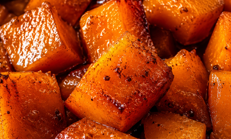 Close-up of brown sugar glazed sweet potato cubes caramelized in a buttery cinnamon glaze.