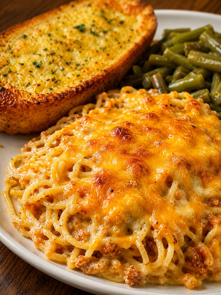 Cheesy baked spaghetti casserole topped with golden melted cheese served with Texas toast garlic bread and Southern green beans.
