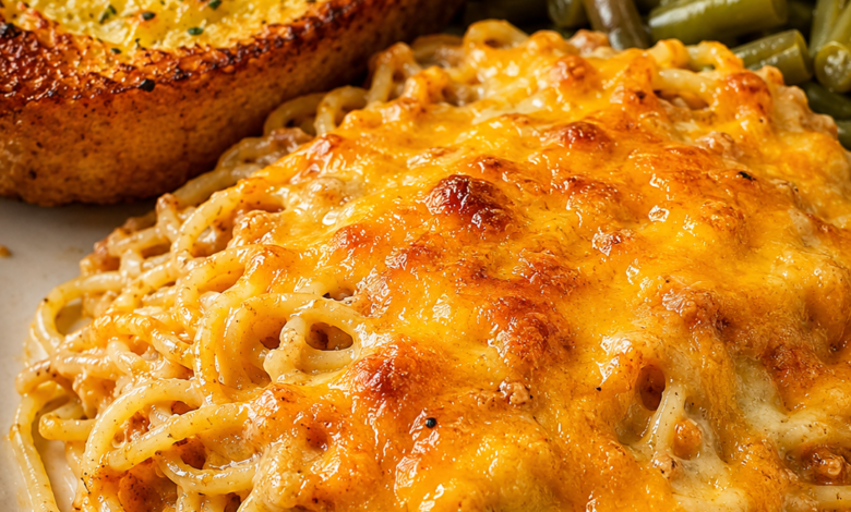 Cheesy baked spaghetti casserole topped with golden melted cheese served with Texas toast garlic bread and Southern green beans.