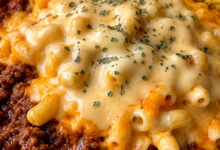 Creamy chili mac and cheese topped with melted cheddar cheese and parsley served with Southern cornbread.